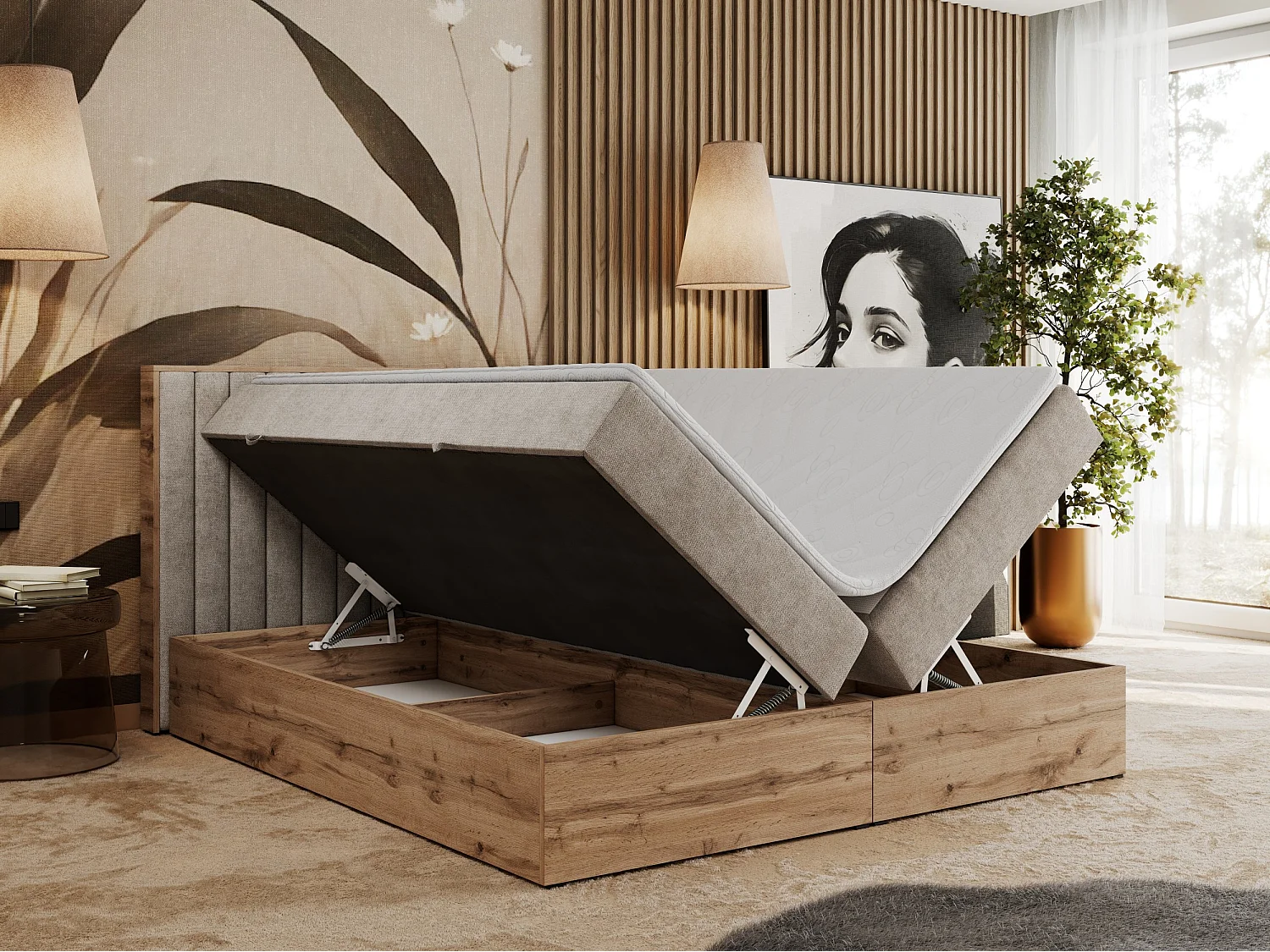 Boxspringbett ALBERO 4, Eiche Wotan Holzrahmen, mit Stauraum, genähtes Kopfteil - 200x200 cm - H3 - Beige Strukture