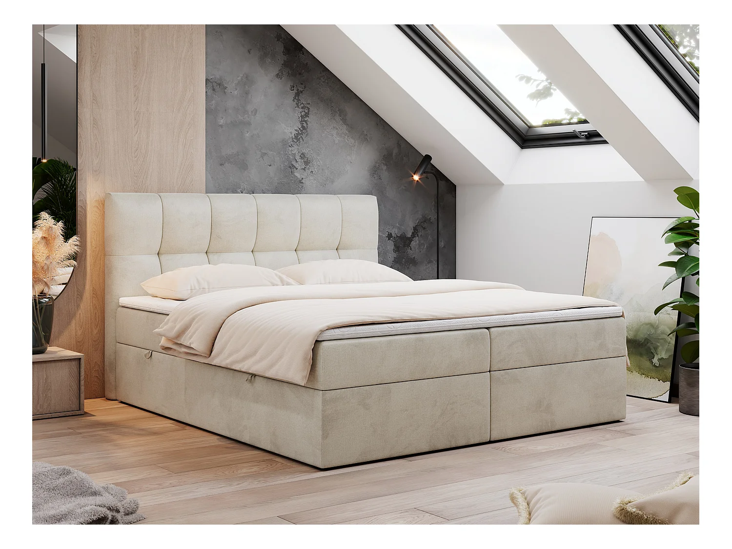 Boxspringbett RICO, Doppelbett mit Matratze, zwei Bettkästen, Bett mit Kopfteil - 200x200 cm - H4 - Beige Velvet