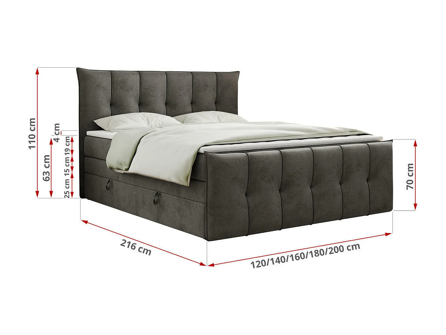 Boxspringbett PREMIUM 11 KING mit Stauraum, gestepptes Kopfteil, zwei Multipocket-Matratzen - 160x200 cm - H3 - Hellgrau Velvet