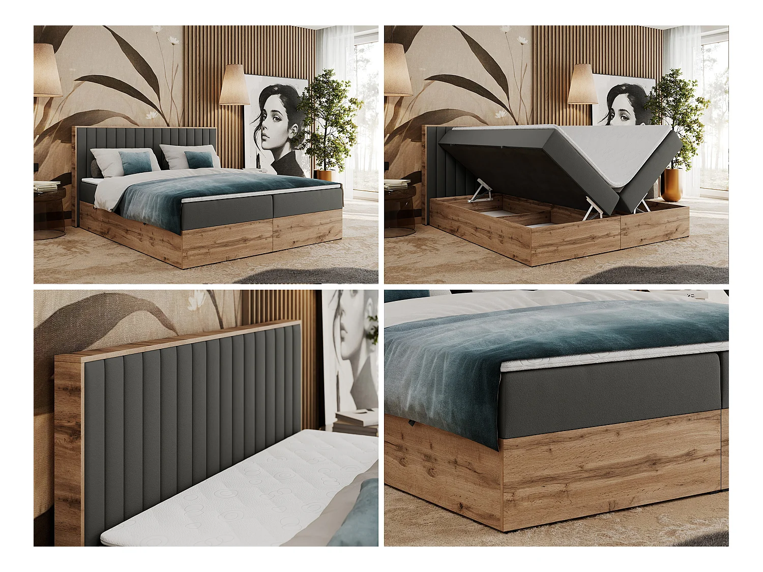 Boxspringbett ALBERO 4, Eiche Wotan Holzrahmen, mit Stauraum, genähtes Kopfteil - 160x200 cm - H4 - Dunkelgrau Kunstleder