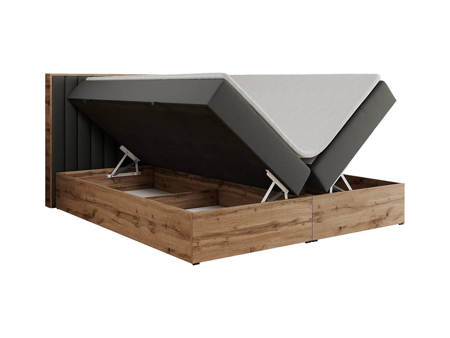 Boxspringbett ALBERO 4, Eiche Wotan Holzrahmen, mit Stauraum, genähtes Kopfteil - 160x200 cm - H4 - Dunkelgrau Kunstleder