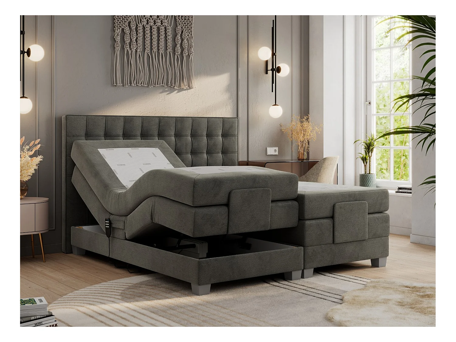 Boxspringbett ELEKTRO mit Multipocket-Matratze, Elektrisch verstellbare, genähtes Kopfteil - 140x200 cm - H3 - Dunkelgrau Velvet