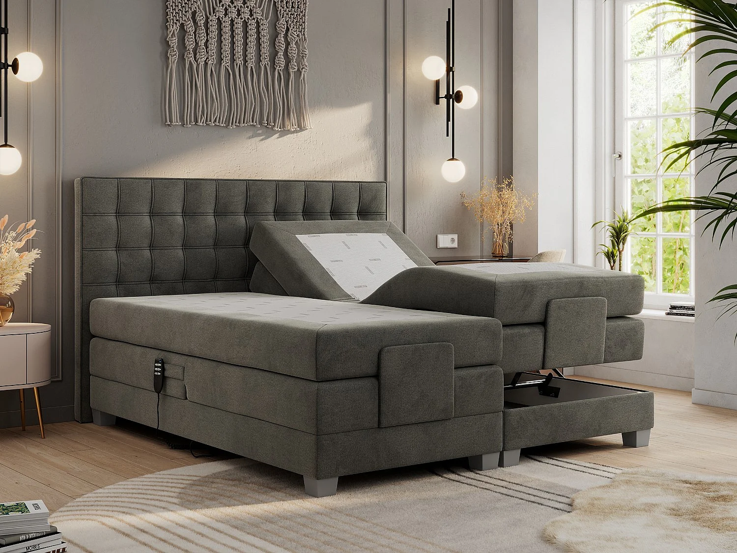 Boxspringbett ELEKTRO mit Multipocket-Matratze, Elektrisch verstellbare, genähtes Kopfteil - 140x200 cm - H3 - Dunkelgrau Velvet