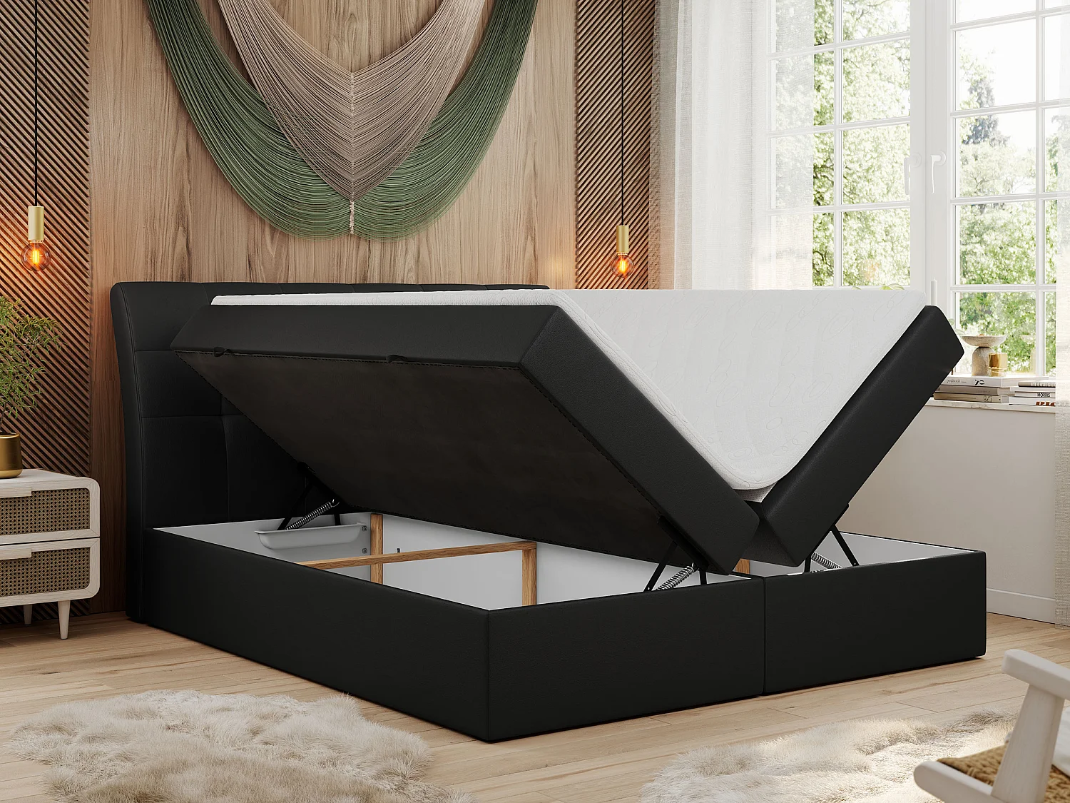 Boxspringbett DIEGOS mit Stauraum, gestepptem Kopfteil, Multipocket-Matratze - 160x200 cm - H3 - Schwarz Kunstleder