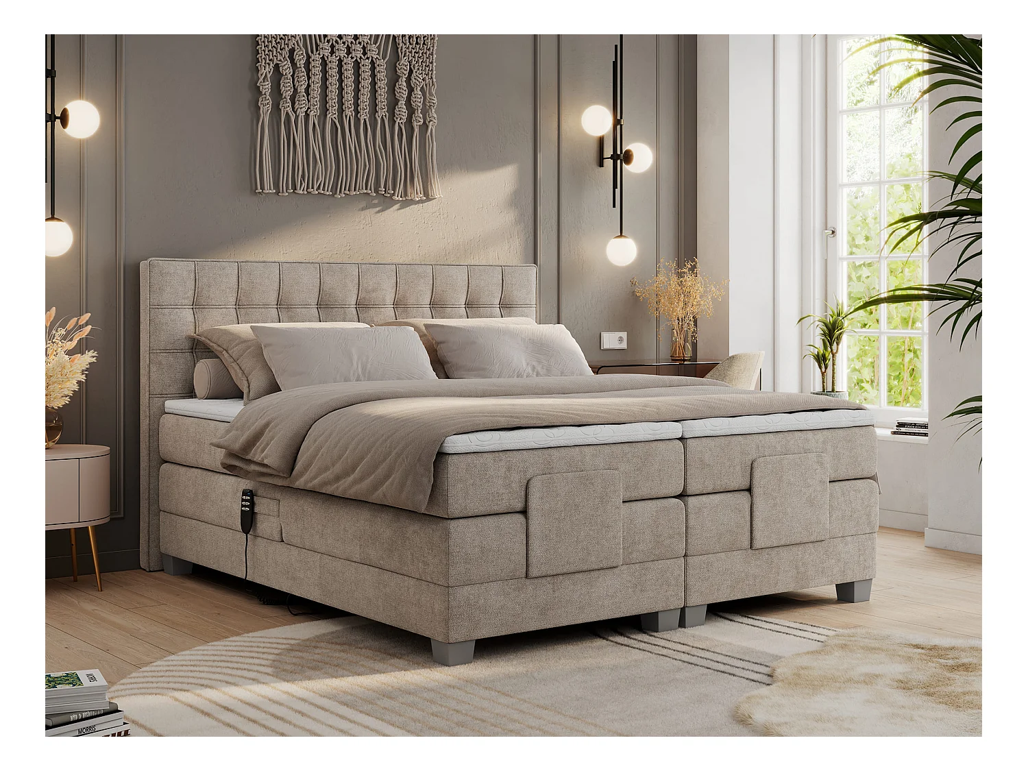 Boxspringbett ELEKTRO mit Multipocket-Matratze, Elektrisch verstellbare, genähtes Kopfteil - 160x200 cm - H4 - Beige Strukture