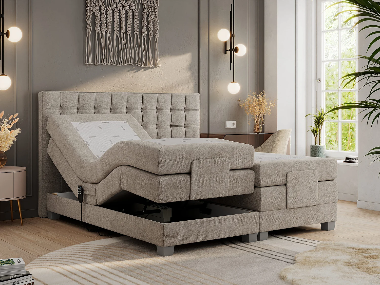 Boxspringbett ELEKTRO mit Multipocket-Matratze, Elektrisch verstellbare, genähtes Kopfteil - 160x200 cm - H4 - Beige Strukture