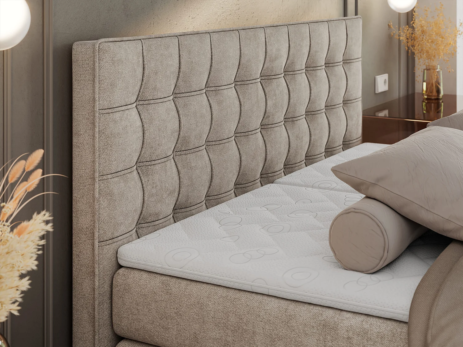 Boxspringbett ELEKTRO mit Multipocket-Matratze, Elektrisch verstellbare, genähtes Kopfteil - 160x200 cm - H4 - Beige Strukture