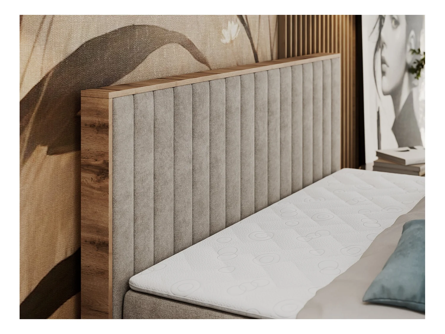 Boxspringbett ALBERO 4, Eiche Wotan Holzrahmen, mit Stauraum, genähtes Kopfteil - 180x200 cm - H4 - Beige Strukture