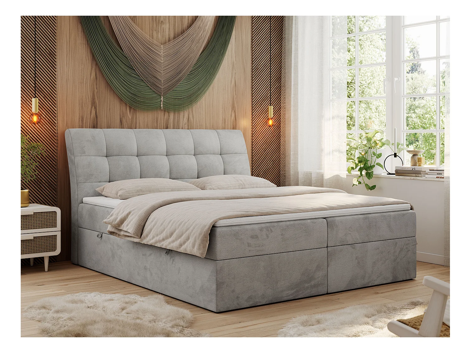 Boxspringbett DIEGOS mit Stauraum, gestepptem Kopfteil, Multipocket-Matratze - 200x200 cm - H3 - Hellgrau Velvet