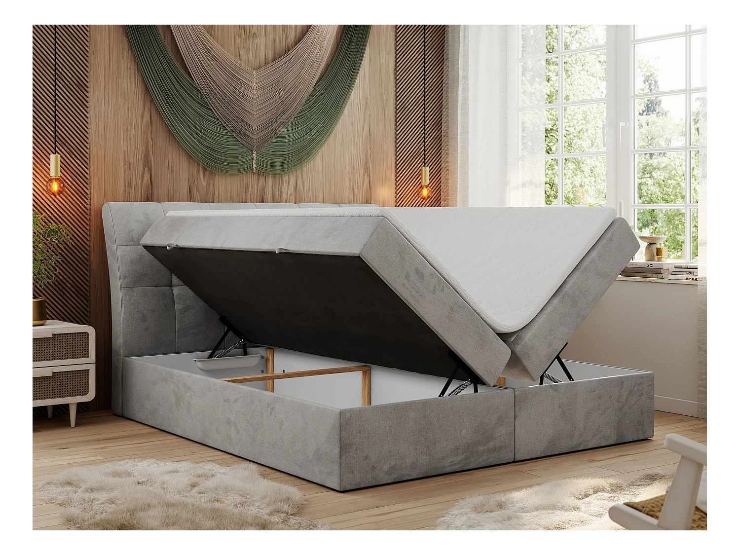 Boxspringbett DIEGOS mit Stauraum, gestepptem Kopfteil, Multipocket-Matratze - 200x200 cm - H3 - Hellgrau Velvet