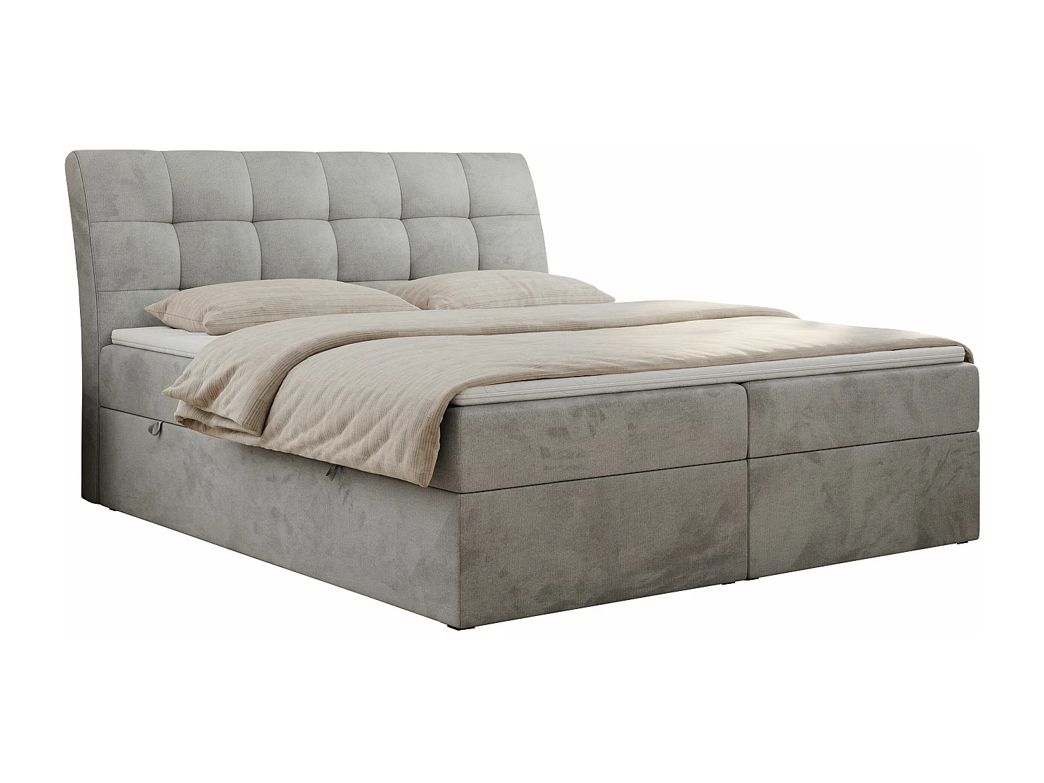 Boxspringbett DIEGOS mit Stauraum, gestepptem Kopfteil, Multipocket-Matratze - 200x200 cm - H3 - Hellgrau Velvet