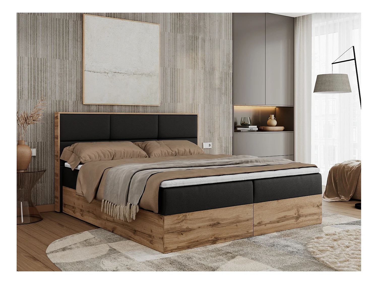 Boxspringbett ALBERO 2 mit Topper und Multipocket-Matratze, Stauraum, Holzrahmen - 180x200 cm - H4 - Schwarz Kunstleder