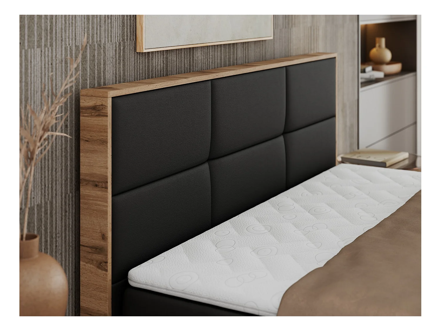 Boxspringbett ALBERO 2 mit Topper und Multipocket-Matratze, Stauraum, Holzrahmen - 180x200 cm - H4 - Schwarz Kunstleder