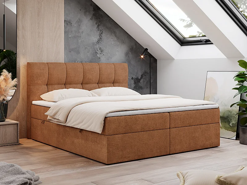 Boxspringbett RICO, Doppelbett mit Matratze, zwei Bettkästen, Bett mit Kopfteil - 160x200 cm - H3 - Orange Stukture