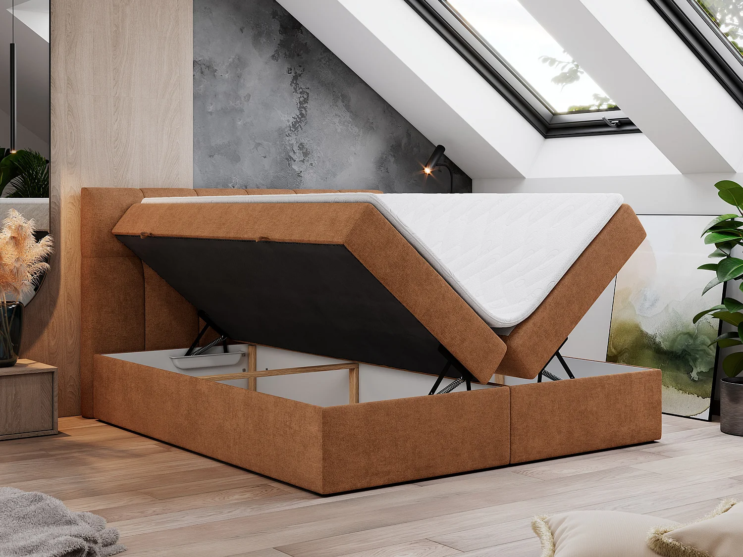 Boxspringbett RICO, Doppelbett mit Matratze, zwei Bettkästen, Bett mit Kopfteil - 160x200 cm - H3 - Orange Stukture