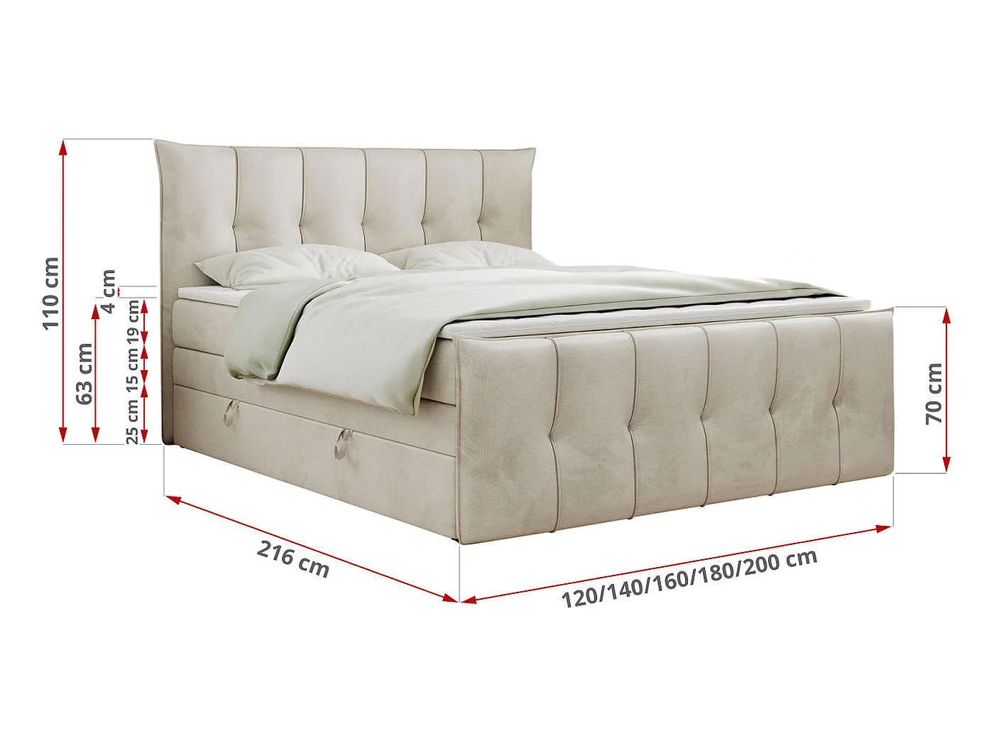Boxspringbed met hoofdbord H3 + Topper T25 - Beige Fluweel - 180x200 - PREMIUM 11 KING
