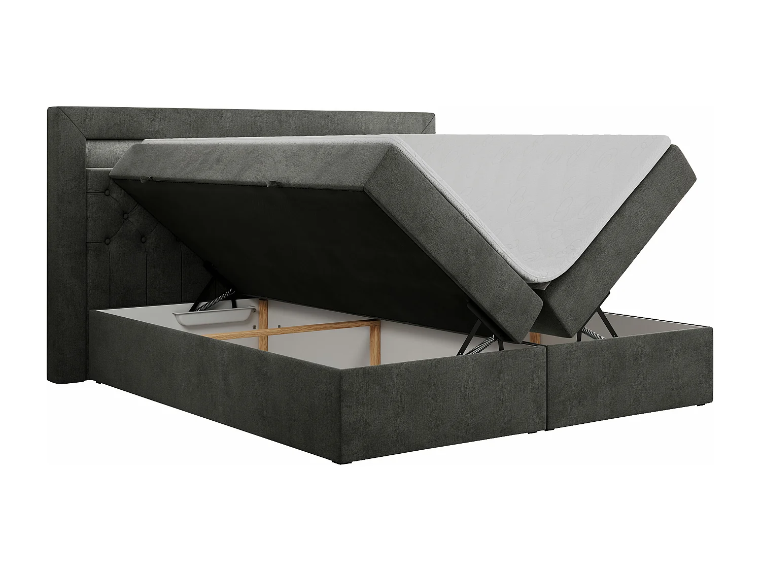 Boxspringbett GOLD 6, Doppelbett mit Stauraum, LED-Beleuchtung, gesteppte Kopfstütze - 180x200 cm - H3 - Dunkelgrau Velvet