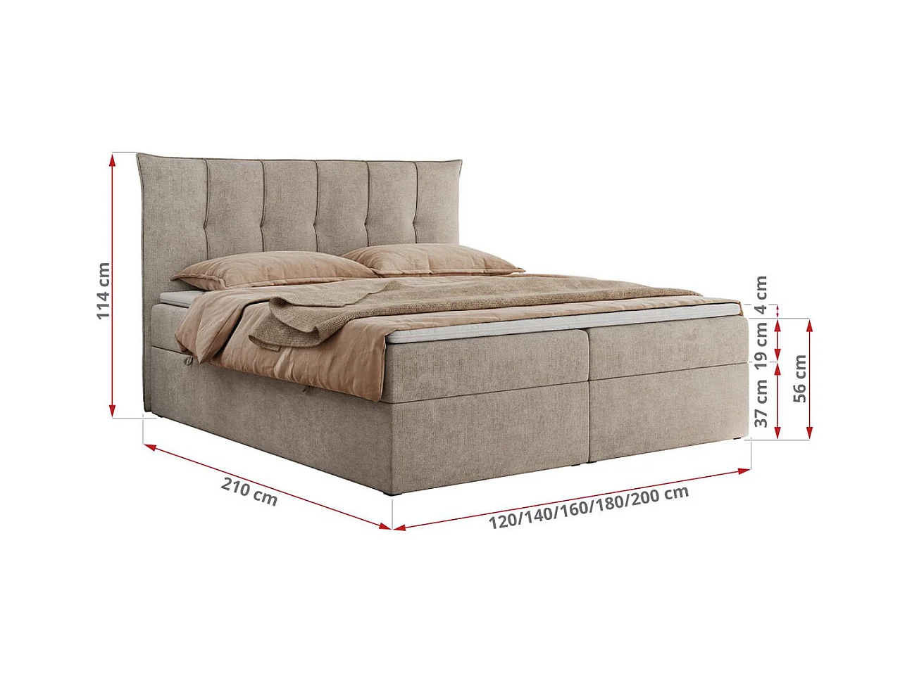Boxspringbett PREMIUM 10 mit Multipocket-Matratze, gesteppte Kopfstütze, zwei Bettkästen - 200x200 cm - H3 - Beige Strukture