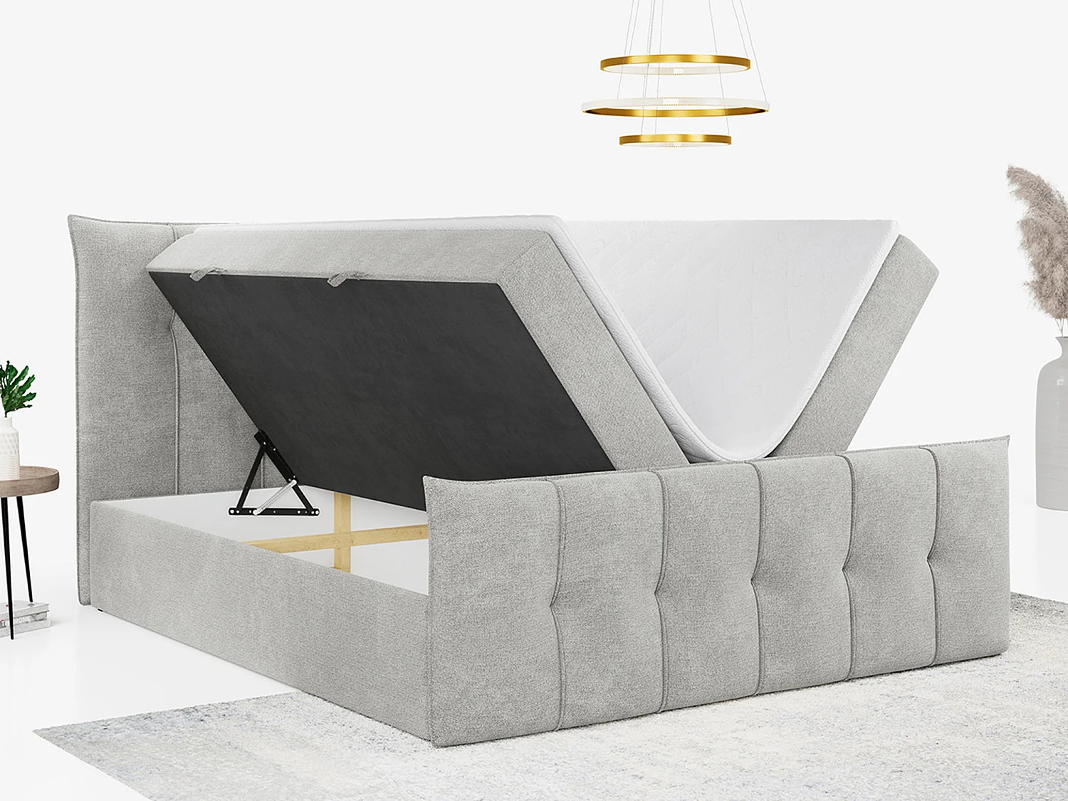 Boxspringbett PREMIUM 11 mit Stauraum, gestepptem Kopfteil, Multipocket-Matratze und Topper - 160x200 cm - H3 - Hellgrau Strukture