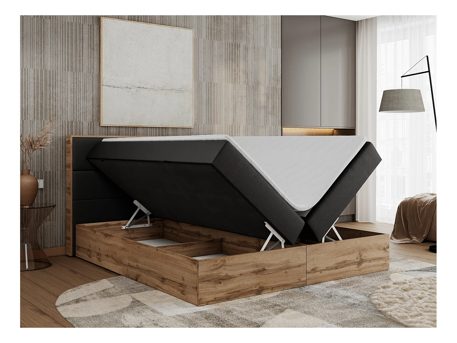 Boxspringbett ALBERO 2 mit Topper und Multipocket-Matratze, Stauraum, Holzrahmen - 120x200 cm - H3 - Schwarz Kunstleder