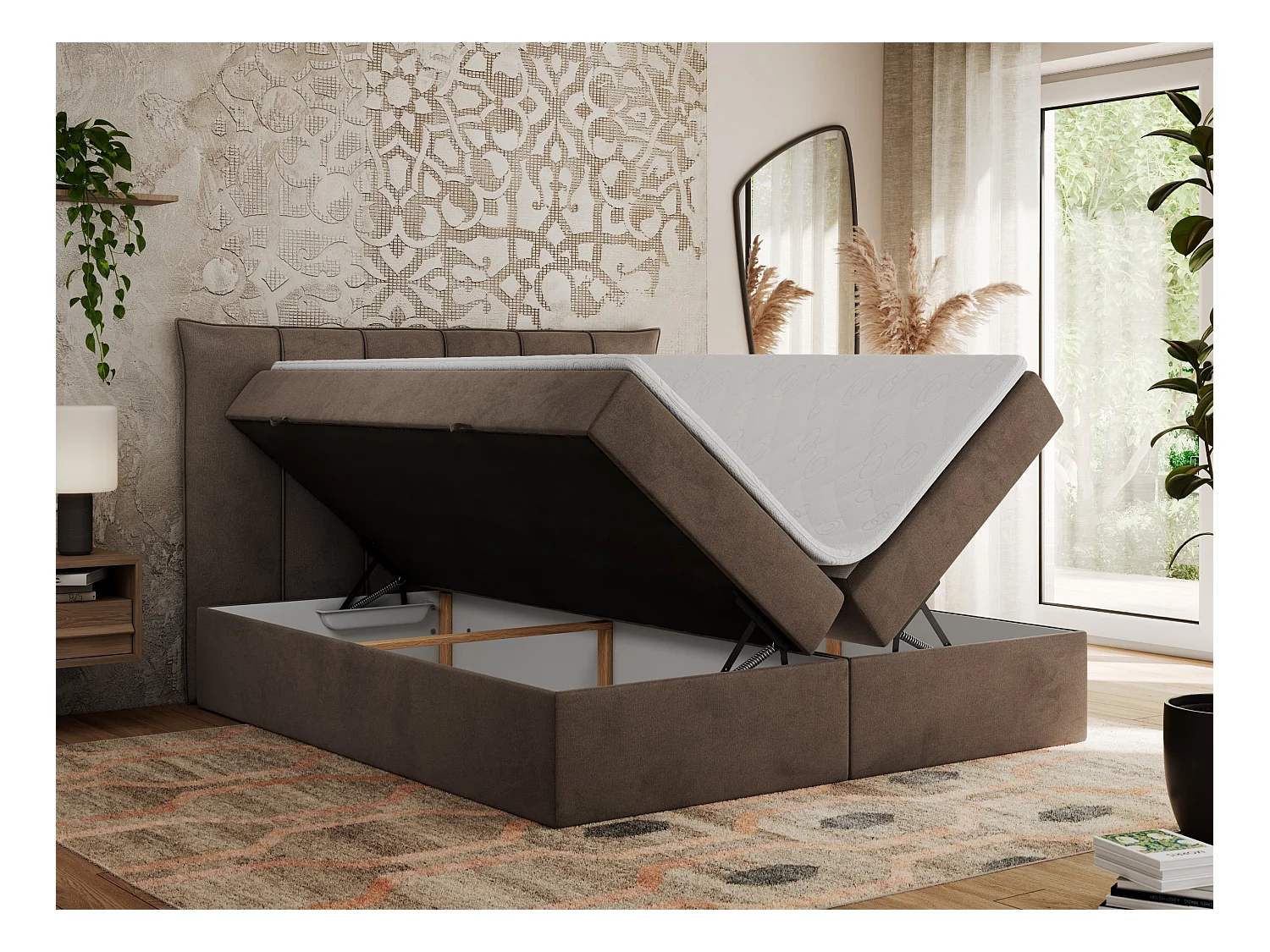 Boxspringbett PREMIUM 10 mit Multipocket-Matratze, gesteppte Kopfstütze, zwei Bettkästen - 120x200 cm - H4 - Braun Velvet