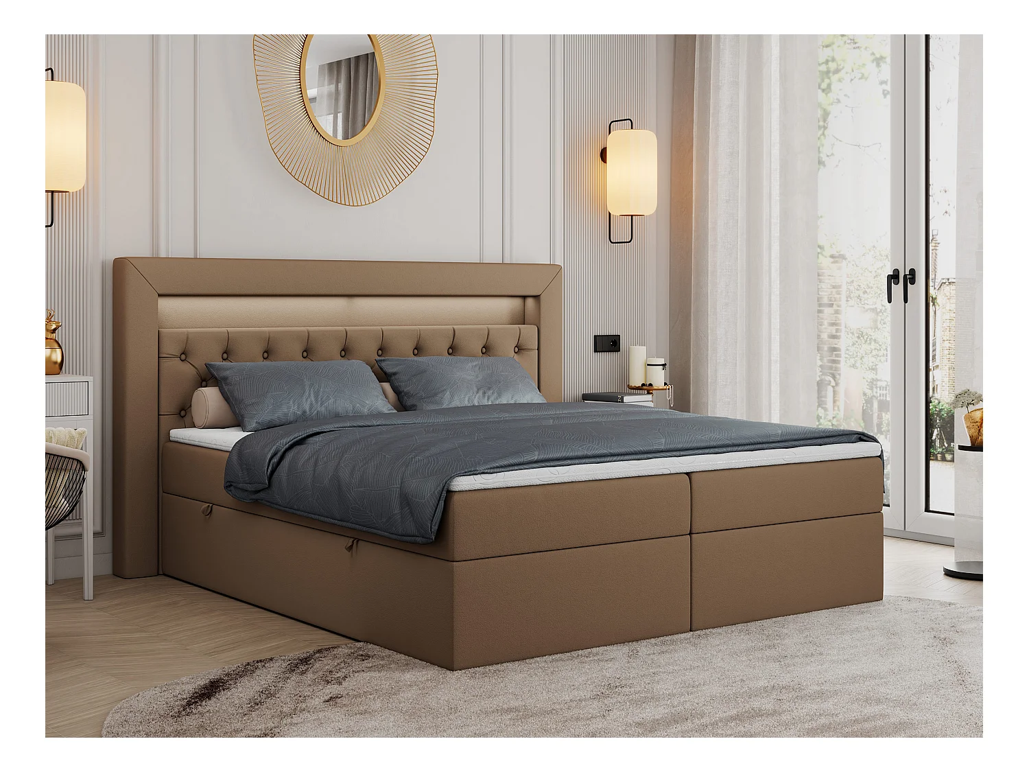 Boxspringbett GOLD 6, Doppelbett mit Stauraum, LED-Beleuchtung, gesteppte Kopfstütze - 180x200 cm - H3 - Braun Kunstleder