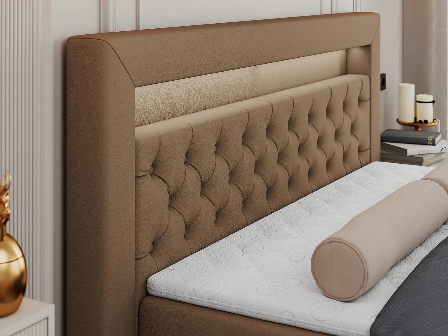 Boxspringbett GOLD 6, Doppelbett mit Stauraum, LED-Beleuchtung, gesteppte Kopfstütze - 180x200 cm - H3 - Braun Kunstleder