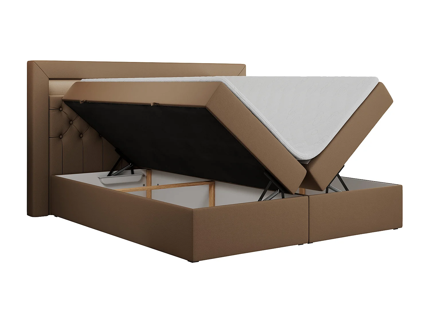 Boxspringbett GOLD 6, Doppelbett mit Stauraum, LED-Beleuchtung, gesteppte Kopfstütze - 180x200 cm - H3 - Braun Kunstleder