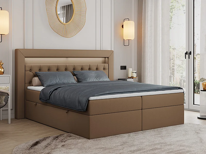Boxspringbett GOLD 6, Doppelbett mit Stauraum, LED-Beleuchtung, gesteppte Kopfstütze - 180x200 cm - H3 - Braun Kunstleder