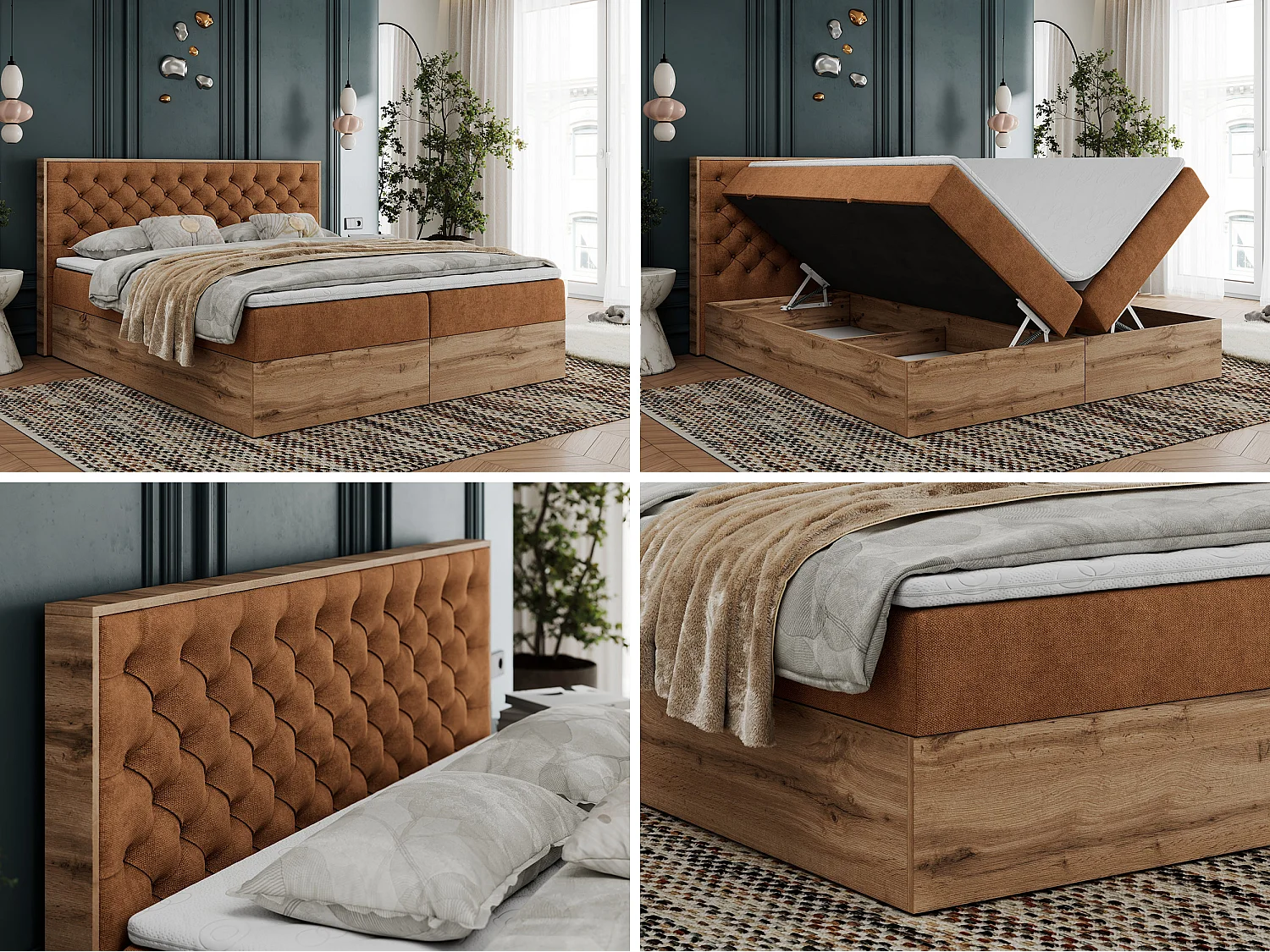 Boxspringbett ALBERO 3 - gesteppte Kopfstütze, Eiche Wotan Holzrahmen, Stauraum - 200x200 cm - H4 - Orange Strukture