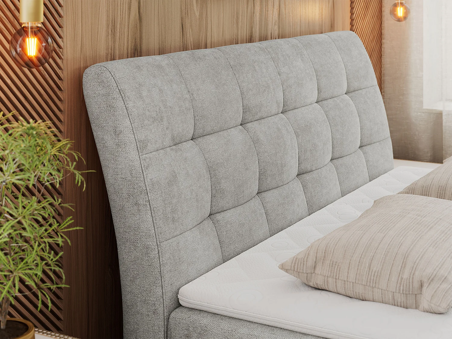 Boxspringbett DIEGOS mit Stauraum, gestepptem Kopfteil, Multipocket-Matratze - 160x200 cm - H4 - Hellgrau Strukture