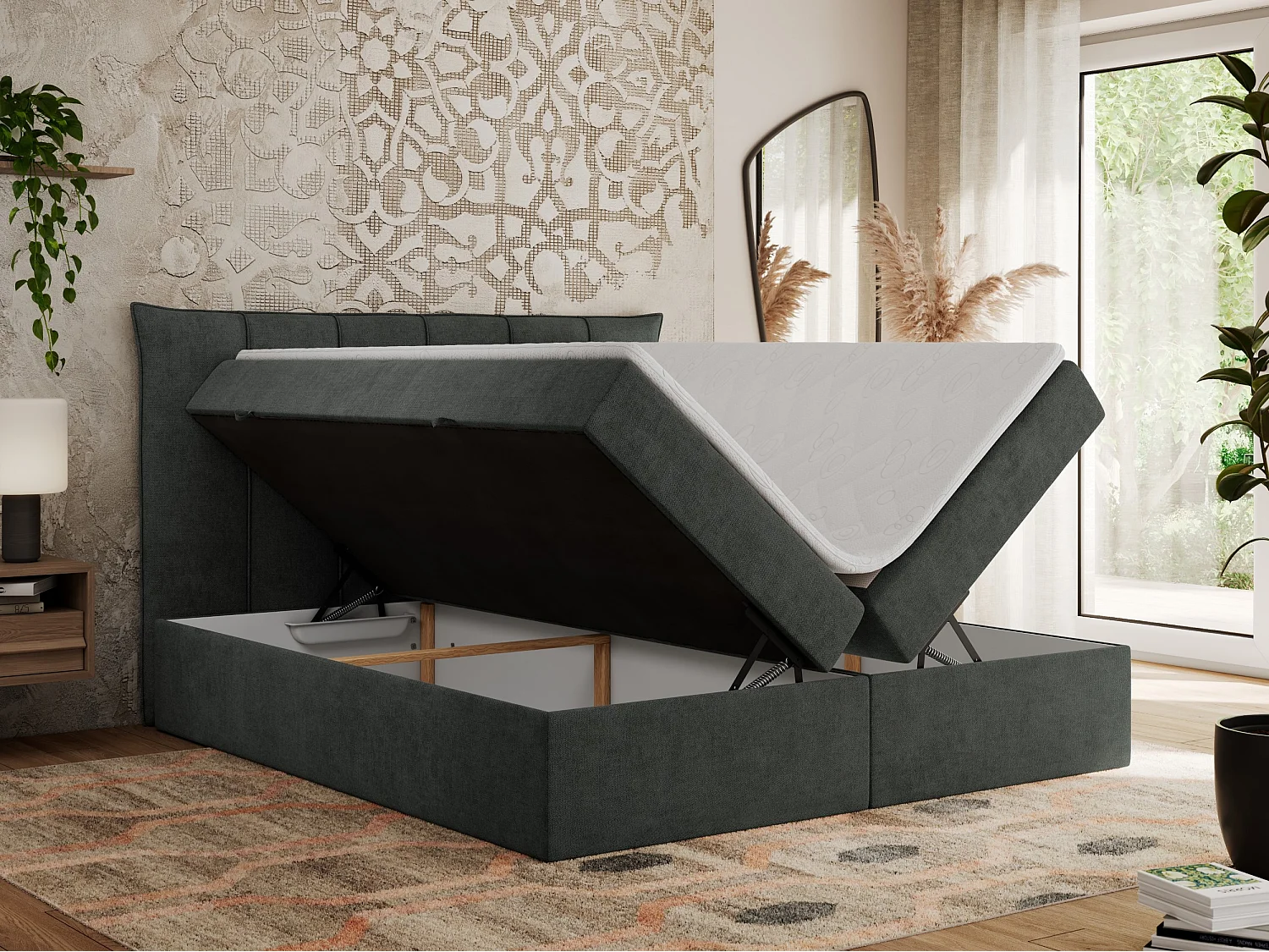 Boxspringbett PREMIUM 10 mit Multipocket-Matratze, gesteppte Kopfstütze, zwei Bettkästen - 160x200 cm - H3 - Dunkelgrau Strukture