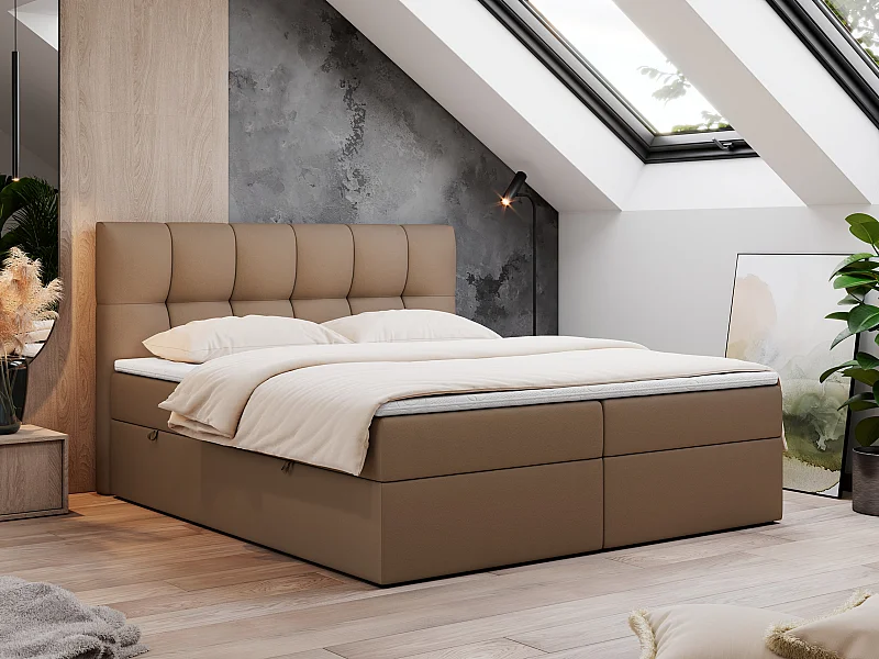 Boxspringbett RICO, Doppelbett mit Matratze, zwei Bettkästen, Bett mit Kopfteil - 140x200 cm - H3 - Braun Kunstleder