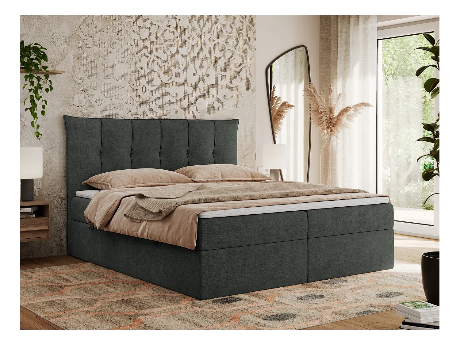 Boxspringbett PREMIUM 10 mit Multipocket-Matratze, gesteppte Kopfstütze, zwei Bettkästen - 200x200 cm - H3 - Dunkelgrau Strukture