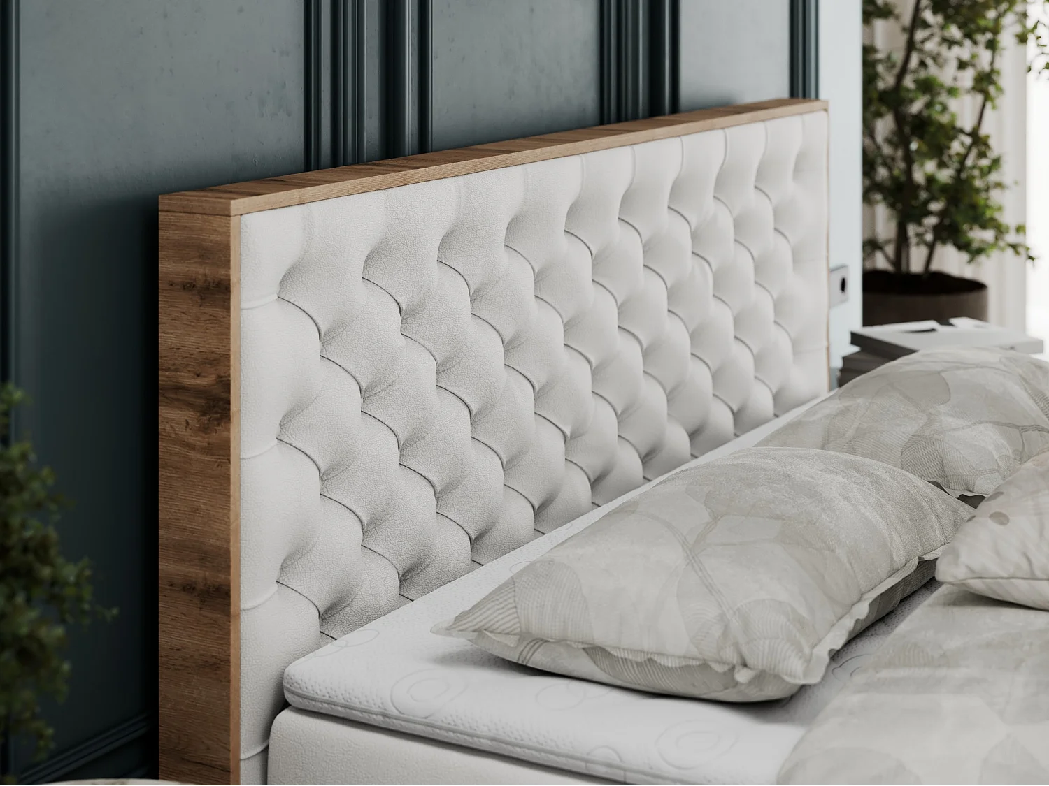 Boxspringbett ALBERO 3 - gesteppte Kopfstütze, Eiche Wotan Holzrahmen, Stauraum - 200x200 cm - H3 - Weiß Kunstleder