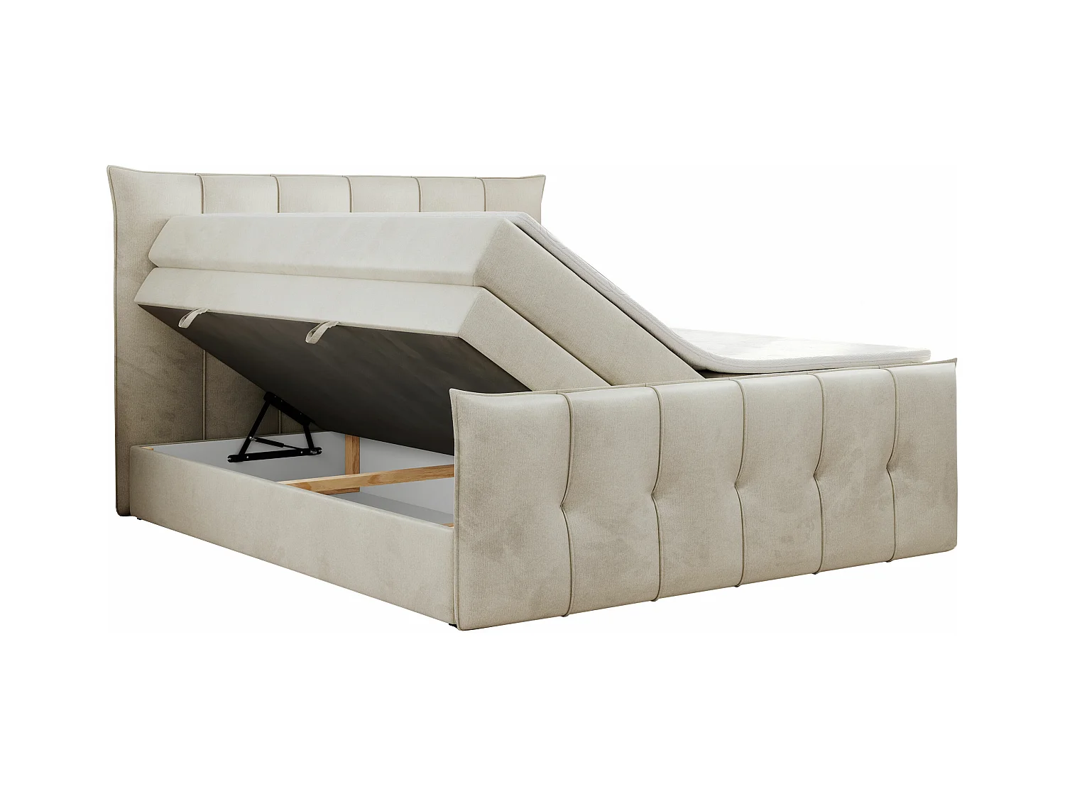 Boxspringbett PREMIUM 11 KING mit Stauraum, gestepptes Kopfteil, zwei Multipocket-Matratzen - 160x200 cm - H4 - Beige Velvet