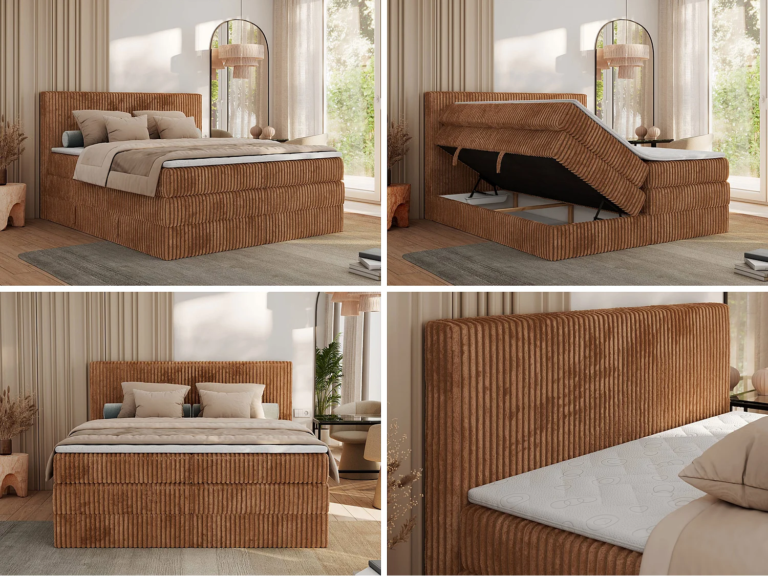 Boxspringbett TILIANO KING, Multipocket-Matratze, Cord Bett, Kopfteil und zwei Bettkästen - 160x200 cm - H3 - Orange Cord