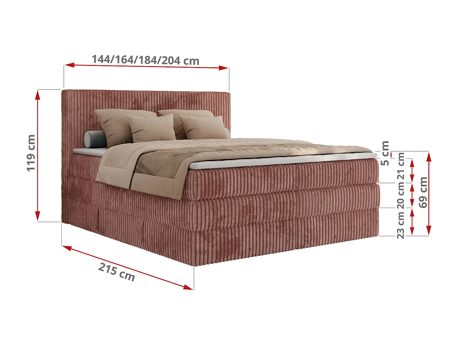 Boxspringbed met hoofdbord H3 + Topper T25 - Roze Ribstof - 160x200 - TILIANO KING