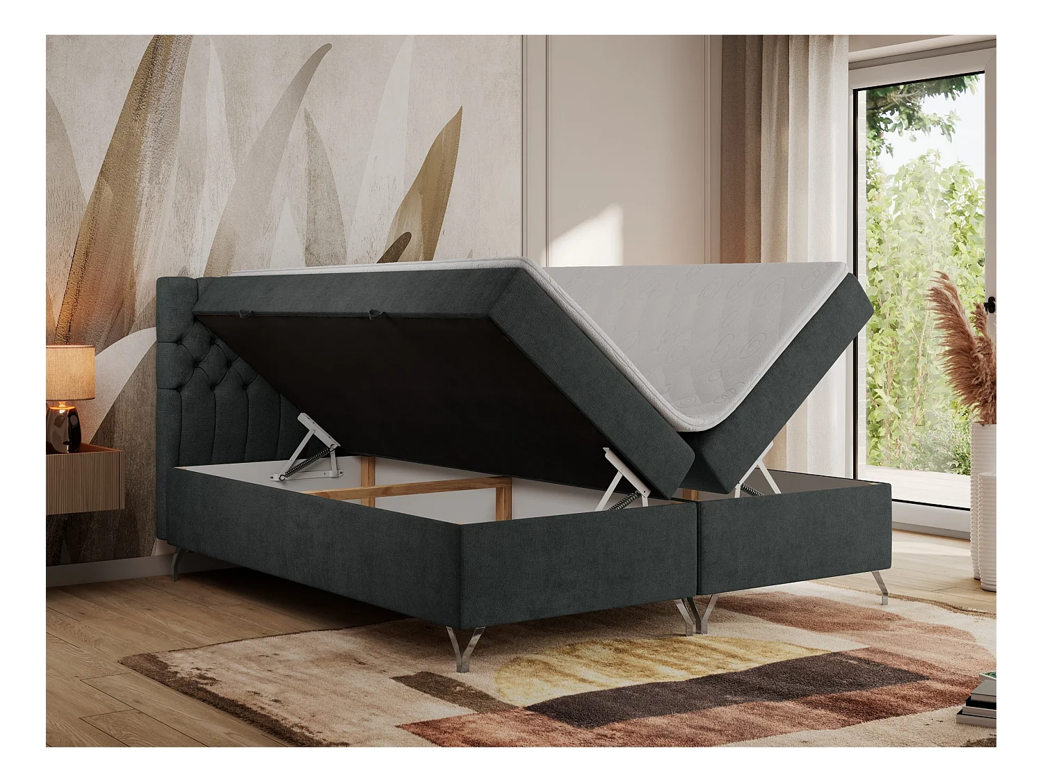 Boxspringbett GRIMALDI mit zwei Bettkästen, gesteppter Kopfstütze, Metallfüßen - 200x200 cm - H4 - Dunkelgrau Strukture