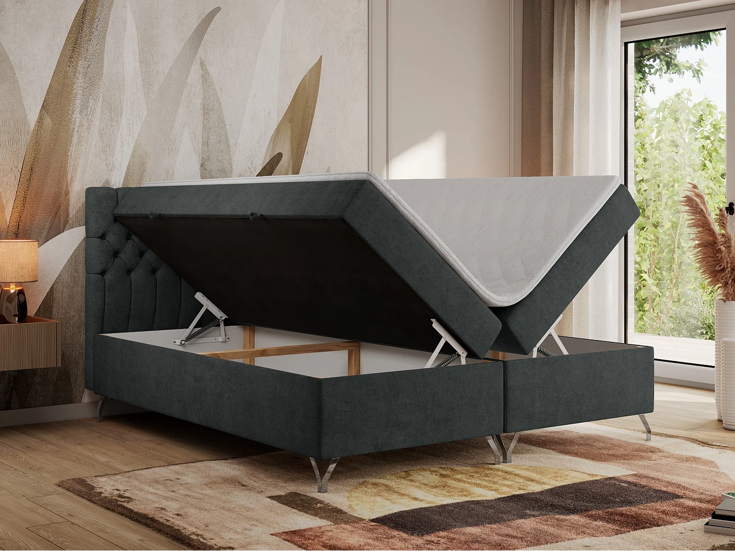 Boxspringbett GRIMALDI mit zwei Bettkästen, gesteppter Kopfstütze, Metallfüßen - 200x200 cm - H4 - Dunkelgrau Strukture