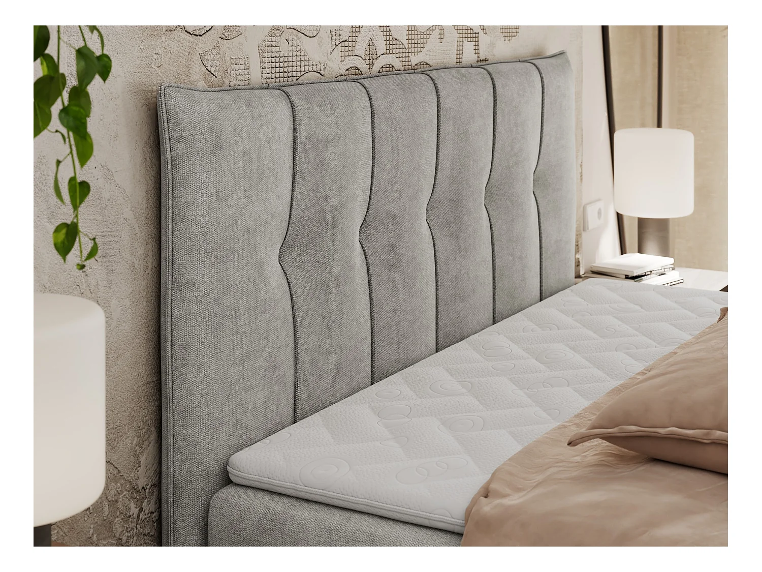 Boxspringbett PREMIUM 10 mit Multipocket-Matratze, gesteppte Kopfstütze, zwei Bettkästen - 180x200 cm - H3 - Hellgrau Strukture