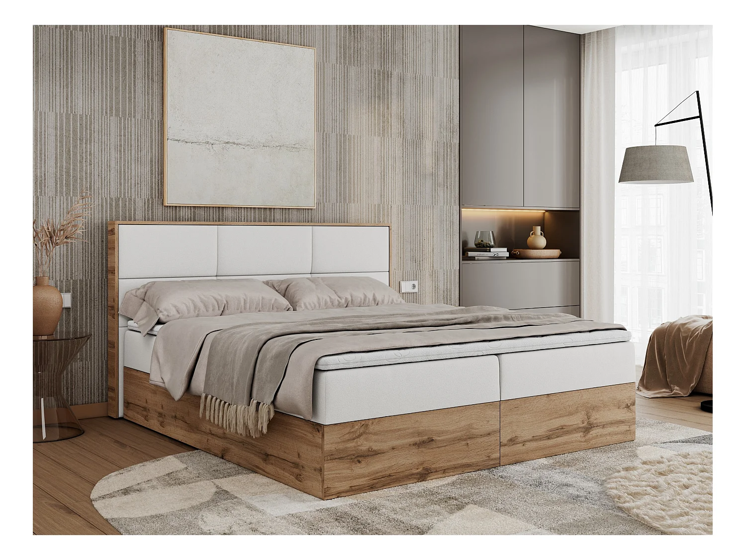 Boxspringbett ALBERO 2 mit Topper und Multipocket-Matratze, Stauraum, Holzrahmen - 120x200 cm - H4 - Weiß Kunstleder