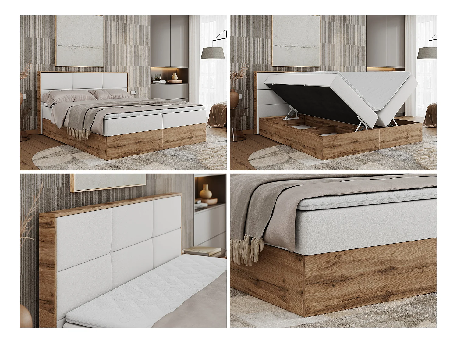 Boxspringbett ALBERO 2 mit Topper und Multipocket-Matratze, Stauraum, Holzrahmen - 120x200 cm - H4 - Weiß Kunstleder