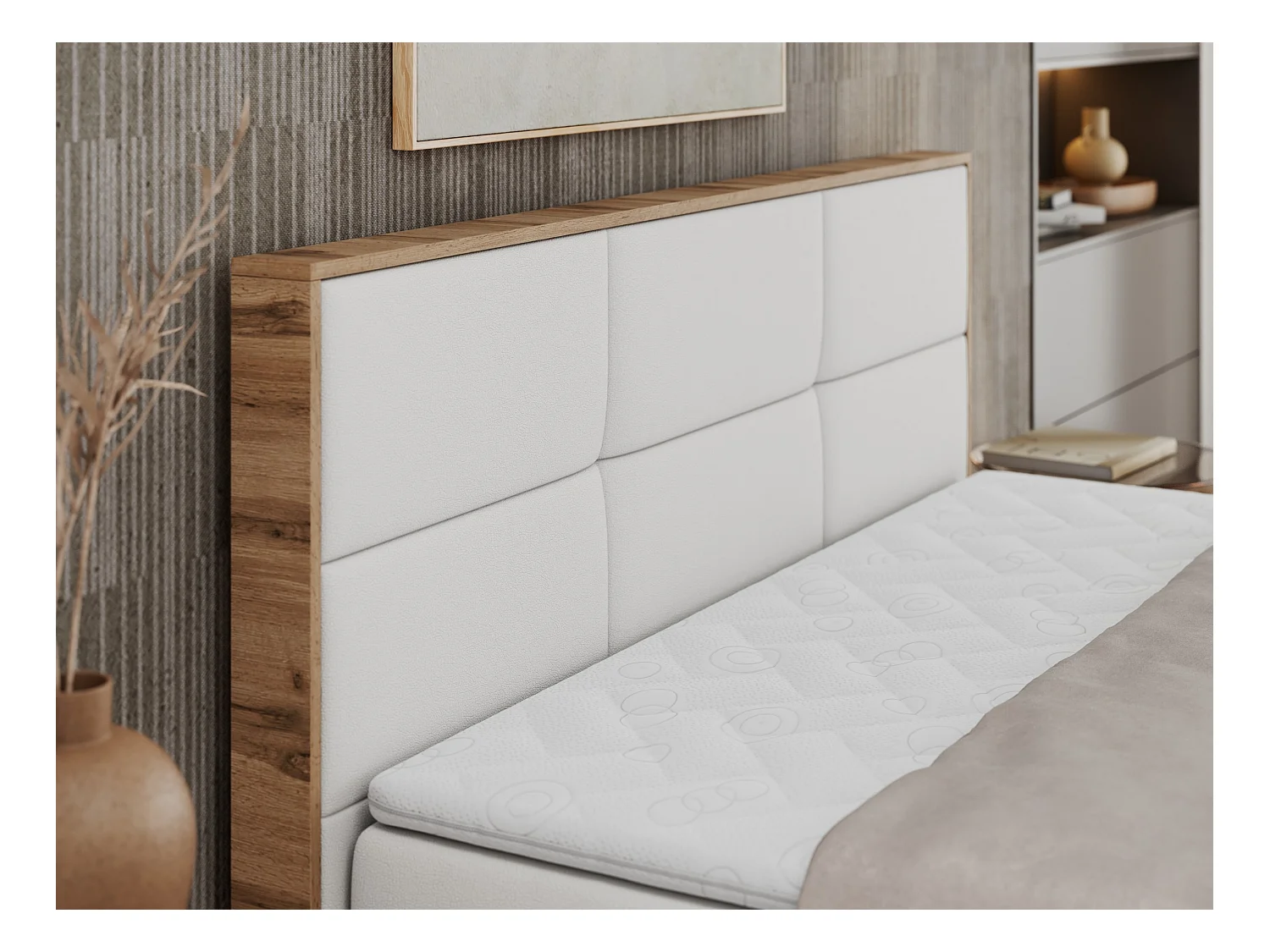 Boxspringbett ALBERO 2 mit Topper und Multipocket-Matratze, Stauraum, Holzrahmen - 120x200 cm - H4 - Weiß Kunstleder