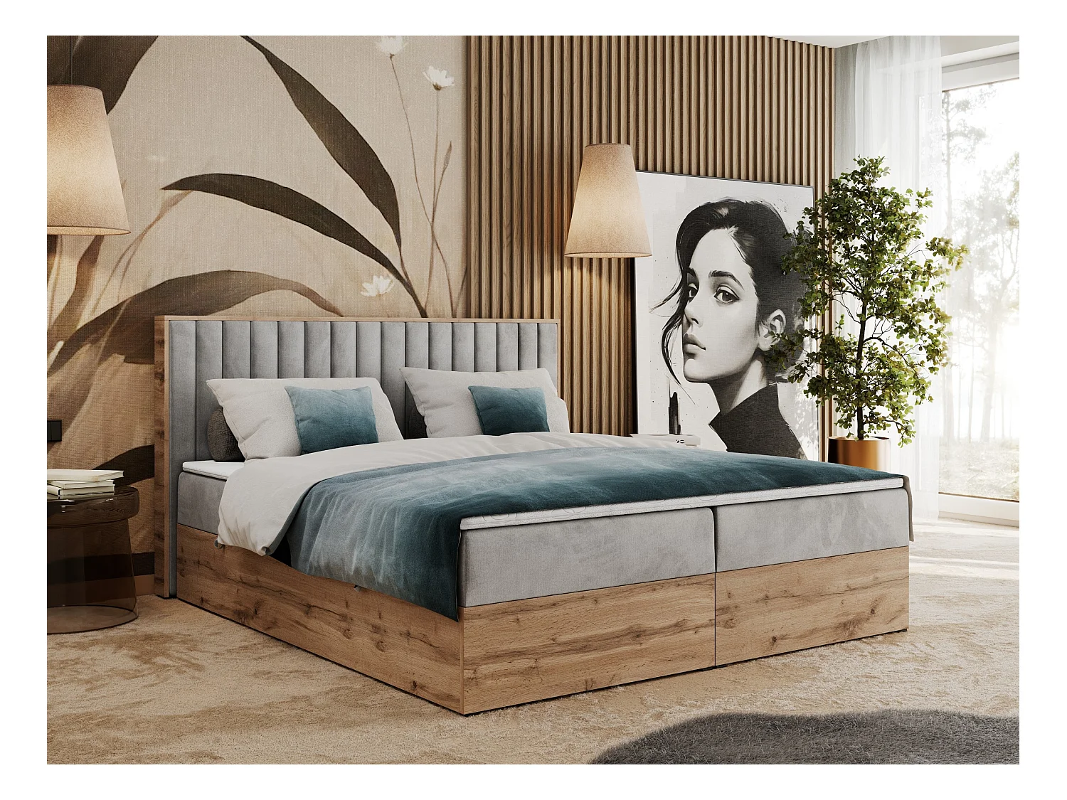 Boxspringbett ALBERO 4, Eiche Wotan Holzrahmen, mit Stauraum, genähtes Kopfteil - 160x200 cm - H3 - Hellgrau Velvet