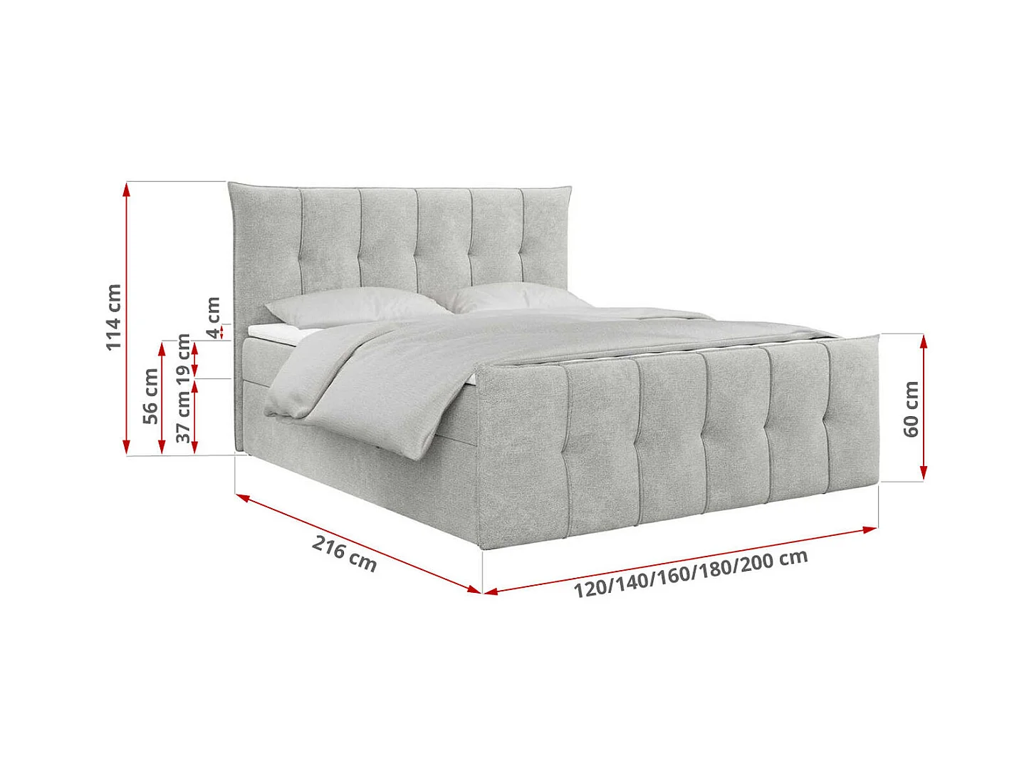 Boxspringbett PREMIUM 11 mit Stauraum, gestepptem Kopfteil, Multipocket-Matratze und Topper - 180x200 cm - H3 - Hellgrau Strukture