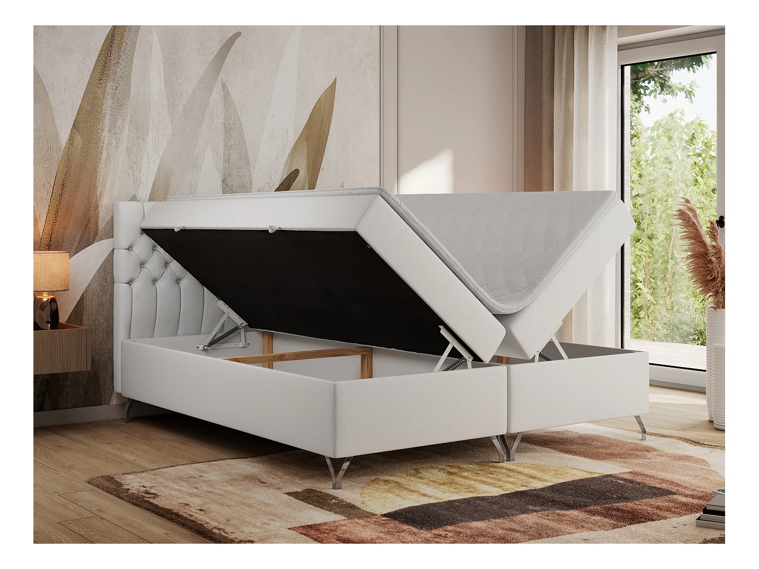 Boxspringbett GRIMALDI mit zwei Bettkästen, gesteppter Kopfstütze, Metallfüßen - 140x200 cm - H3 - Weiß Kunstleder