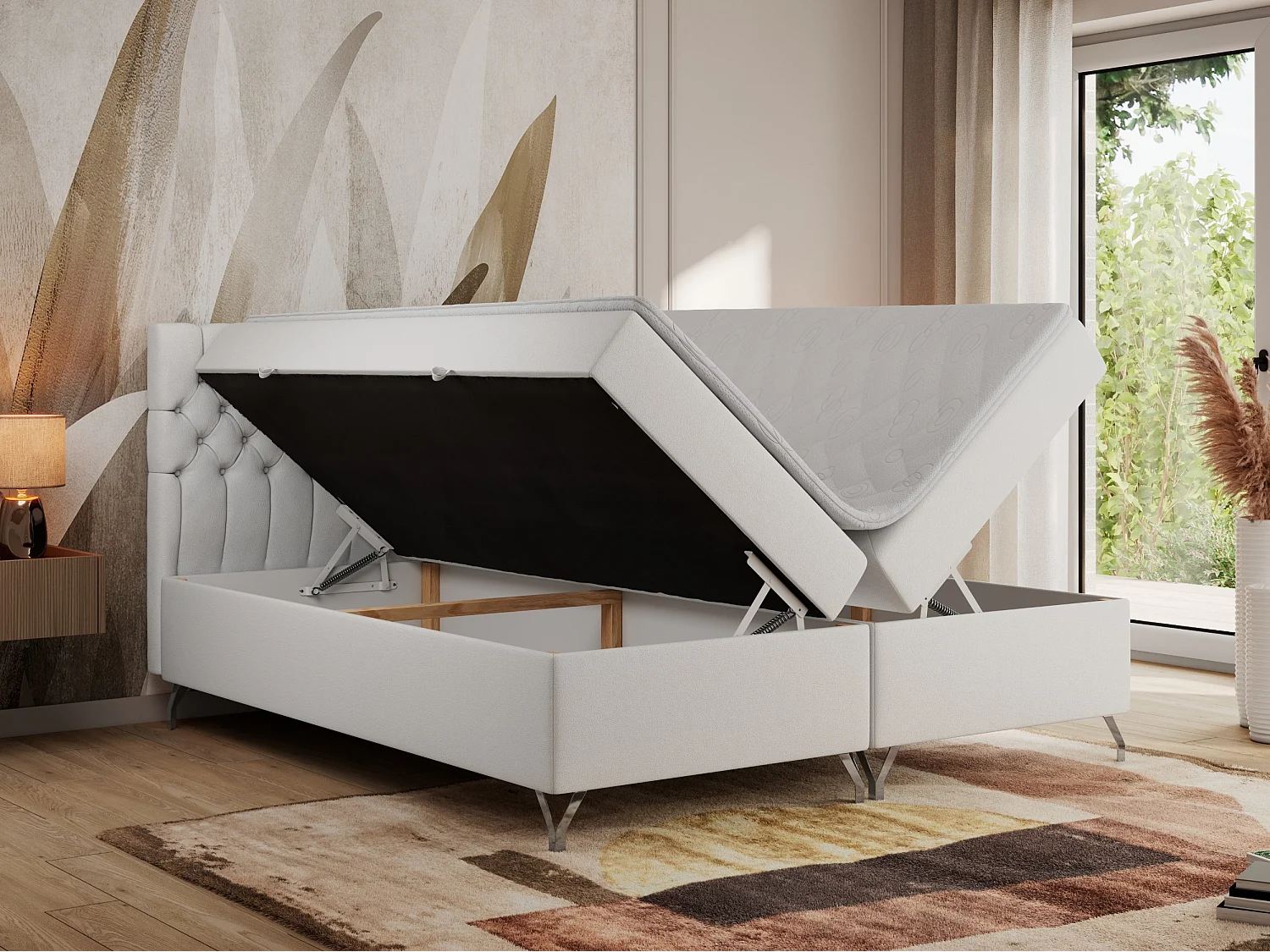 Boxspringbett GRIMALDI mit zwei Bettkästen, gesteppter Kopfstütze, Metallfüßen - 140x200 cm - H3 - Weiß Kunstleder