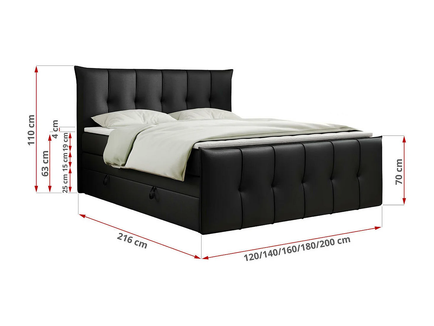 Boxspringbett PREMIUM 11 KING mit Stauraum, gestepptes Kopfteil, zwei Multipocket-Matratzen - 160x200 cm - H3 - Schwarz Kunstleder