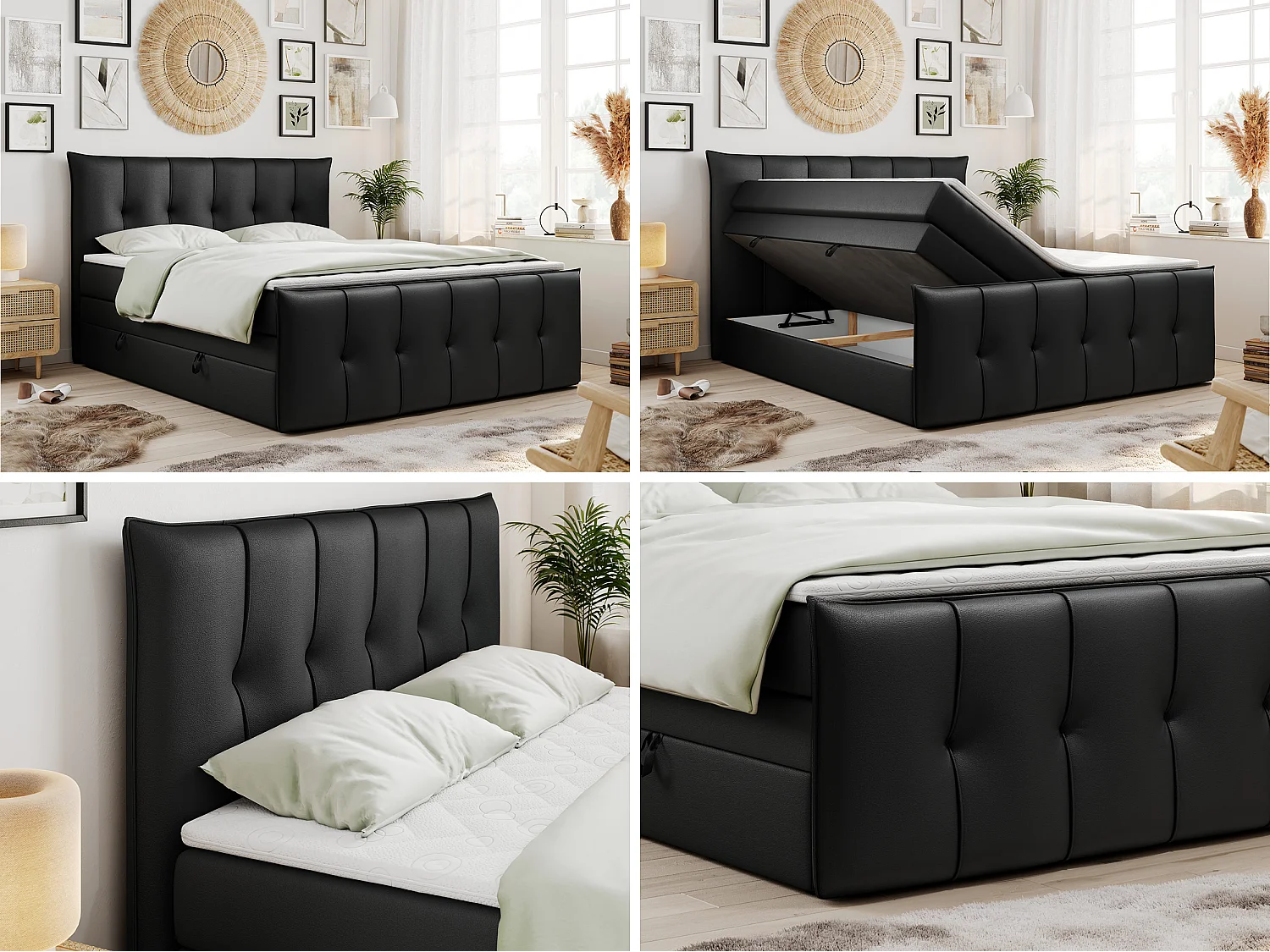 Boxspringbed met hoofdbord H3 + Topper T25 - Zwart Kunstleer - 160x200 - PREMIUM 11 KING
